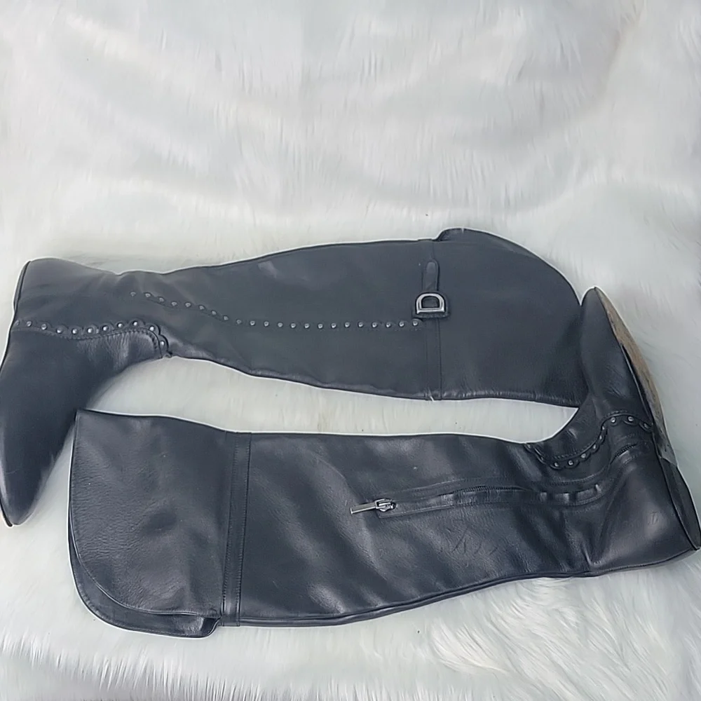 DIOR Agneaua Over The Knee Black Leather Designer Biker VTG Riding Flat Boots 40